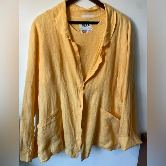 Rare FLAX|| Linen Canary Yellow Set. Short sleeve shirt and Jacket w/buttons  Sm - Picture 1 of 10
